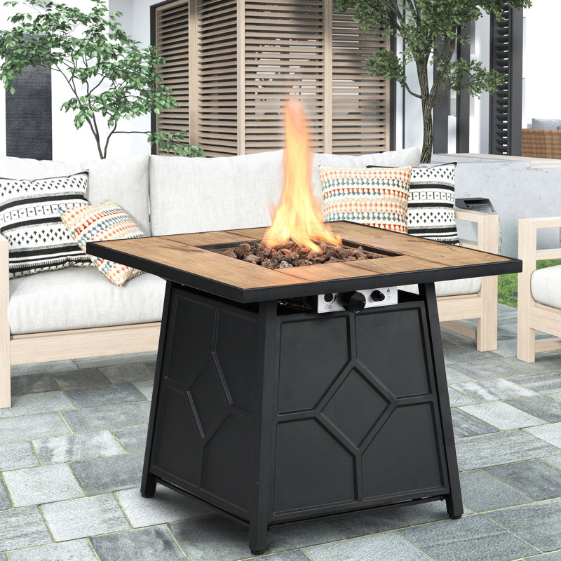 28 - Inch Square Propane Fire Pit Table 40,000 With Waterproof Cover, Brown, + Iron, Easy To Assemble, Outdoor Decor Element Auto Ignition Gas Table, Tile Desktop, Ambiance
