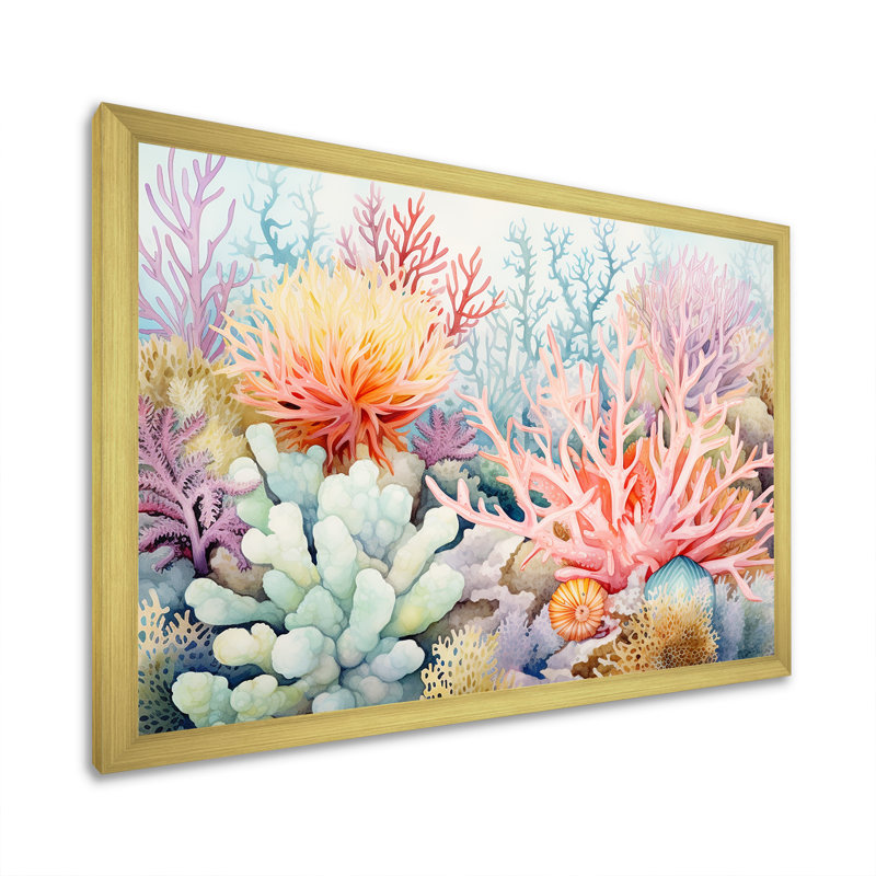«Colorful Coral Reef Heaven II - Coastal Coral Under Water», reproduction d'art sur toile encadrée, Encadrement doré