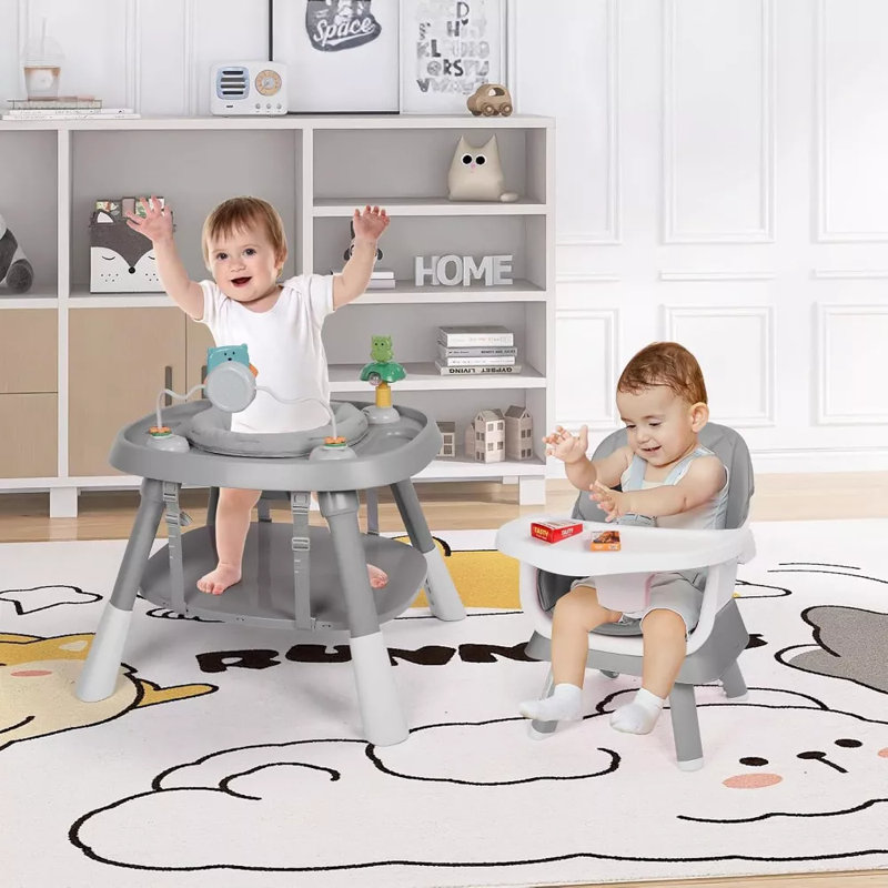 Foldable High Chair for Babies & Toddlers, Adjustable Height, Recline, Storage Basket, Double Trays, Easy to Clean, Gray