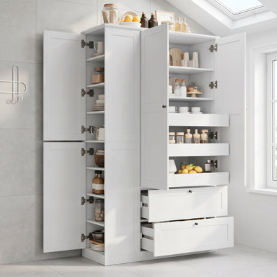 73.6" Tall Farmhouse Pantry with Pull-Out Trays and Side Cabinets