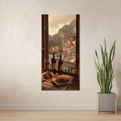 Vue de la fenêtre, art mural de la côte d'Amalfi, cuisine italienne, rebord de fenêtre, impression sur toile, côte méditerranéenne moderne, paysage urbain de la Méditerranée, peinture pour décor de salle à manger 12 x 24 pouces