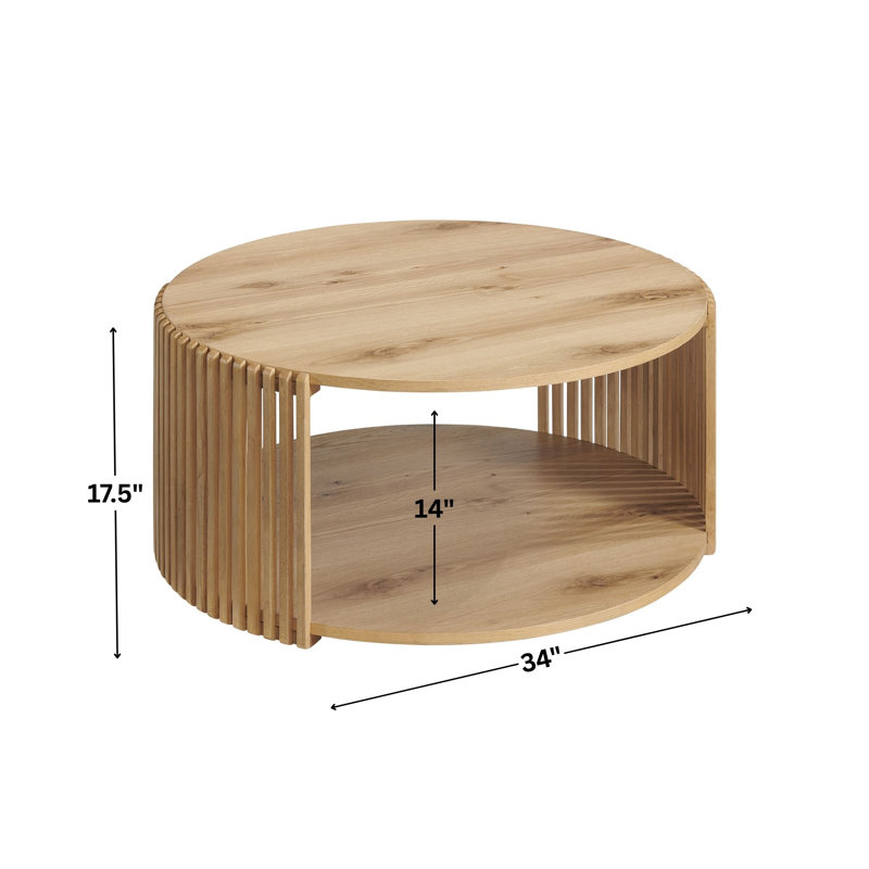 Estie Round Wood Slatted Coffee Table with Shelf