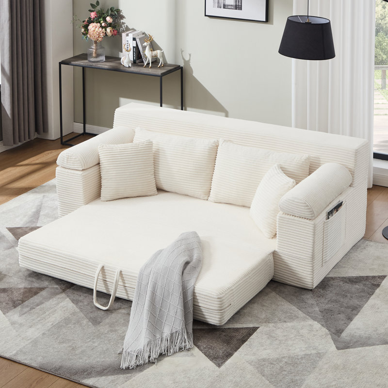 Brigitte 78.1" Convertible Corduroy Sofa Bed, Upholstered Pull-Out Couch with Sleeper, Creamy White