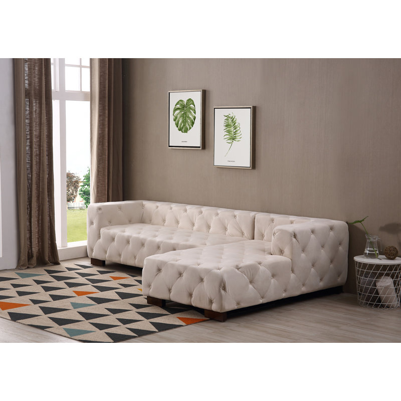 Velvet L-Shaped Sectional, Beige/Tan Velvet, Right Hand Facing