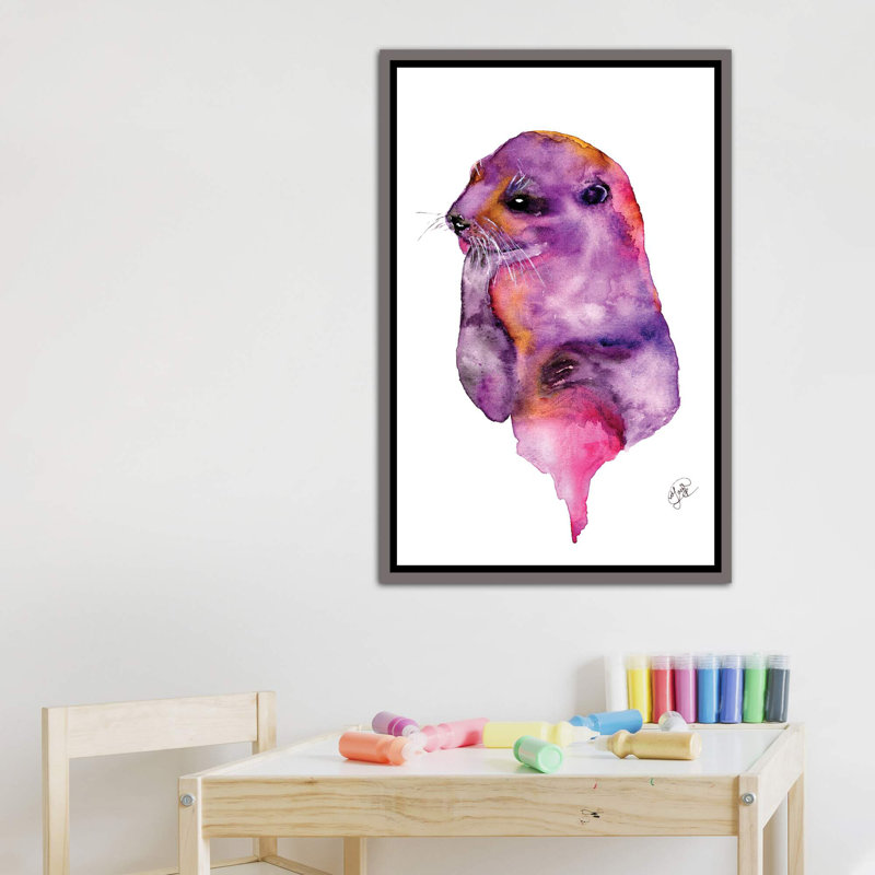 Loutre, art sur toile, H 40 po x l 26 po x P 1,5 po, Toile encadrée de bois rustique foncé