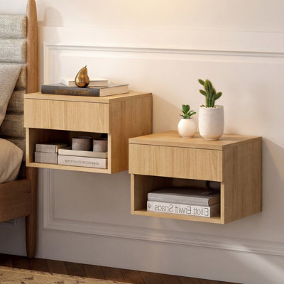 Table de chevet flottante moderne en chêne clair 15,7 po Ettore, table de chevet murale avec 1 tiroir et espace de rangement ouvert pour la chambre à coucher