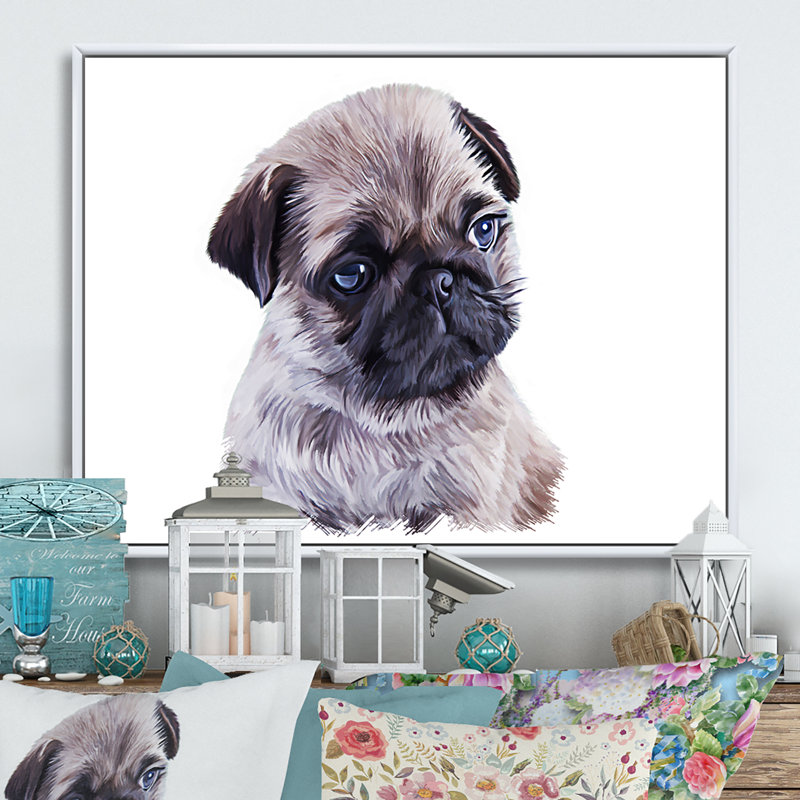 Portrait de chiot carlin - reproduction sur toile, H 12 po x l 20 po x P 1 po, Toile avec cadre flottant blanc