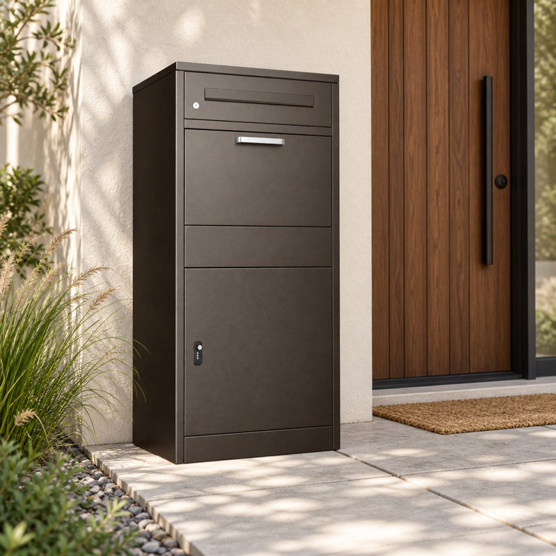 Boîte de dépôt de colis verrouillable de 120 cm avec fente pour le courrier, autoportante, marron