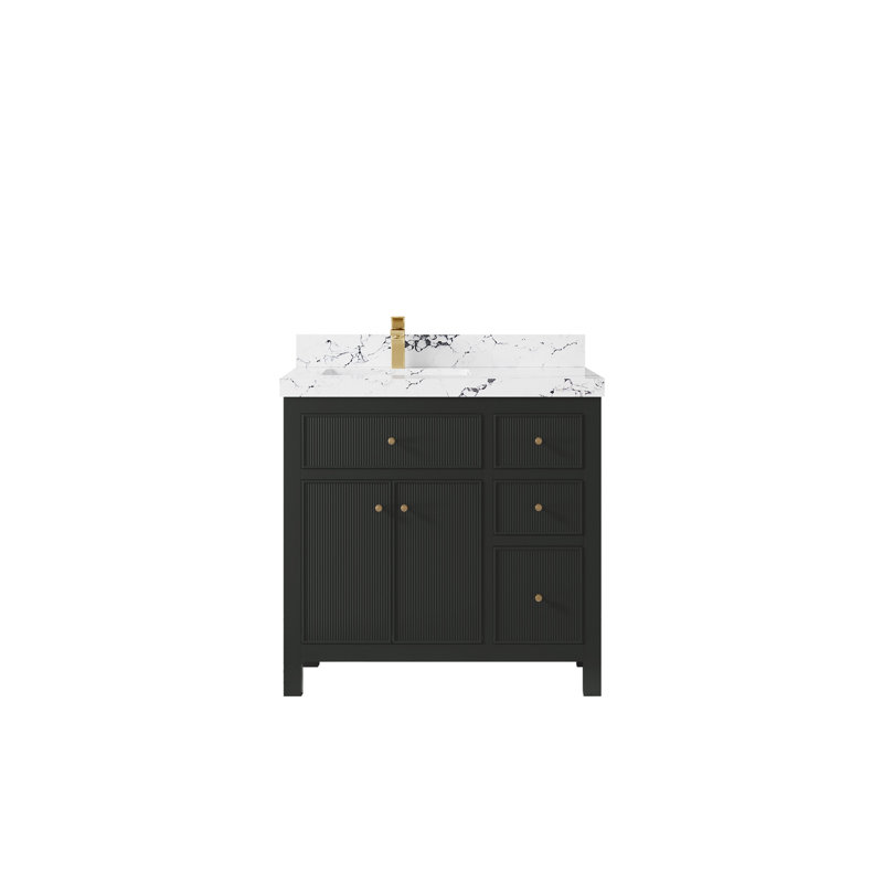 Sonoma 36 In. W X 22 In. D Left Offset Sink Bathroom Vanity In Blacktop With 2 In., Calacatta Black