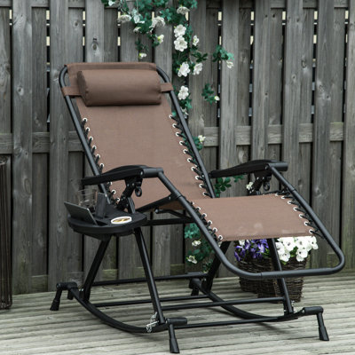 Brown Outdoor Rocking Chair, Foldable Zero Gravity Reclining With Pillow, Cup & Phone Holder, Heavy-Duty Steel Frame, Instant Setup Recliner - Chair Pillow Holder