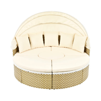 Patio Furniture Round Outdoor Sectional Sofa Set Rattan Daybed Two-Tone Weave Sunbed With Retractable Canopy, Separate Seating And Removable Cushion
