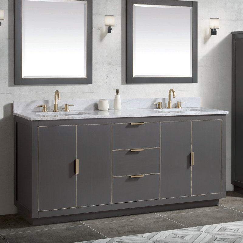 Base de meuble-lavabo double Salise, Gris crépuscule / or mat