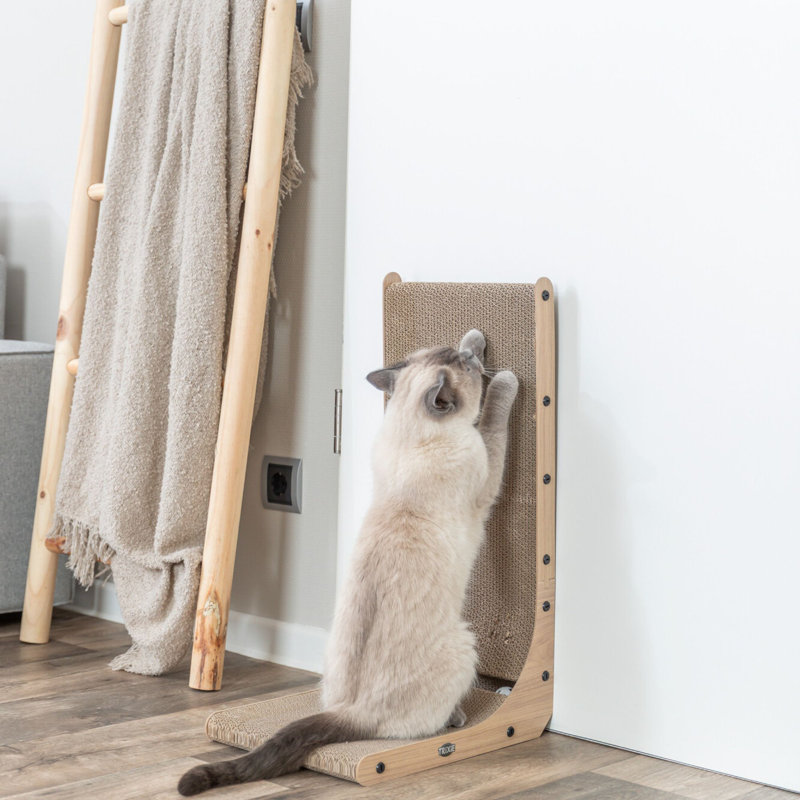  Grattoir pour chat en forme de L 25,6 po avec herbe à chat et silvervine, griffoir en carton ondulé réversible avec jouet à billes intégré, patin à égratignures multi-angles