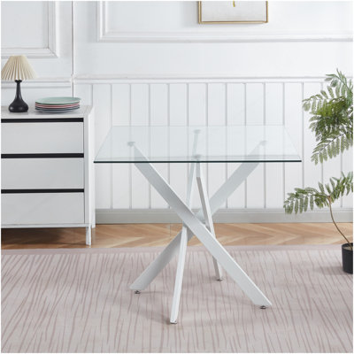 Table de salle à manger avec pieds croisés en métal et verre trempé, table de cuisine moderne pour le salon, table carrée blanche, 90 x 90 x 75 cm