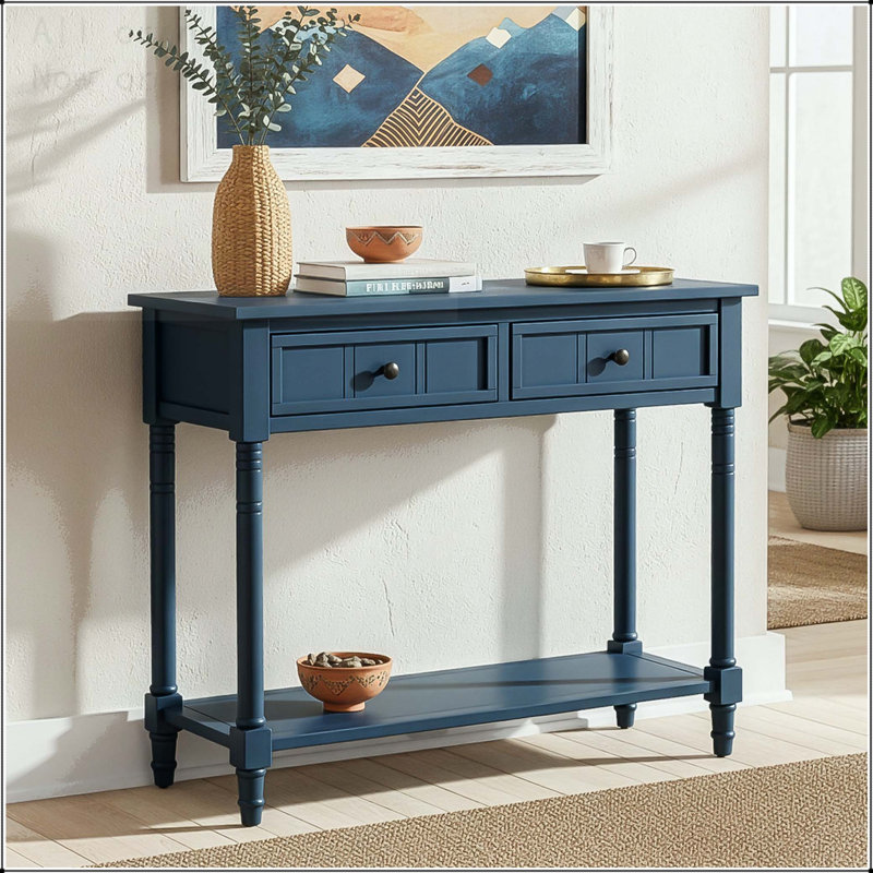 Console Traditional avec deux tiroirs et tablette inférieure, Bleu marine foncé