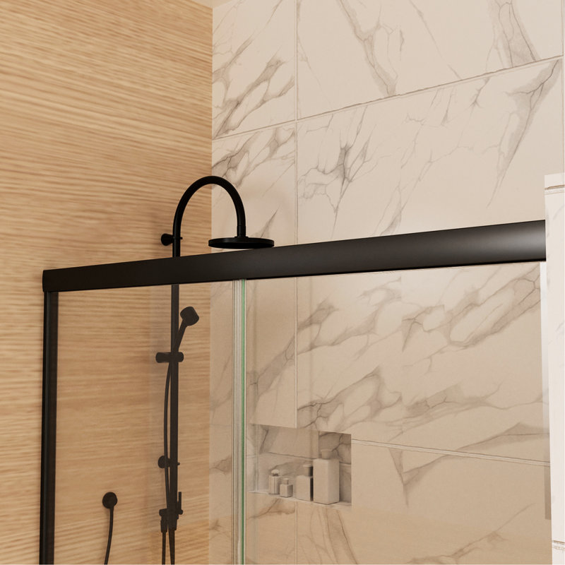 Matte Black Sliding Shower Door With Clear Glass And Stable Structure 54" X 72" Transparent Panels Base