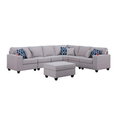 Cooper 125" Linen 7Pc Reversible L-Shape Sectionals Sofa with Ottoman and Cupholder by Latitude Run