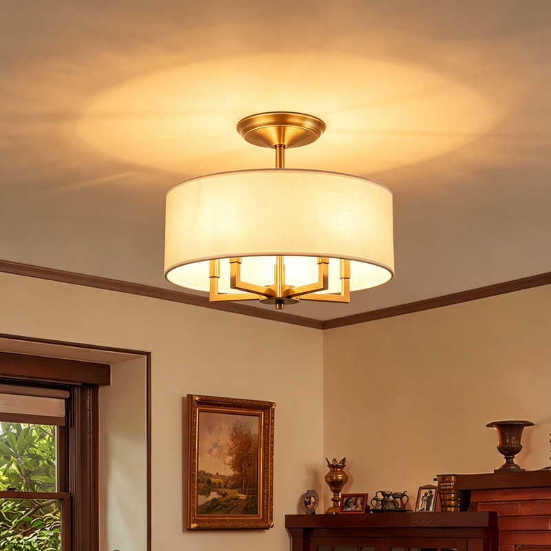 Plafonnier semi-encastré à 5 lumières, style tambour en lin, à intensité variable