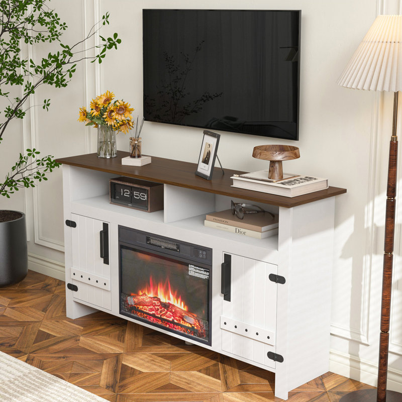 Meuble télé avec foyer électrique et télécommande Mauricio, Blanc, Non