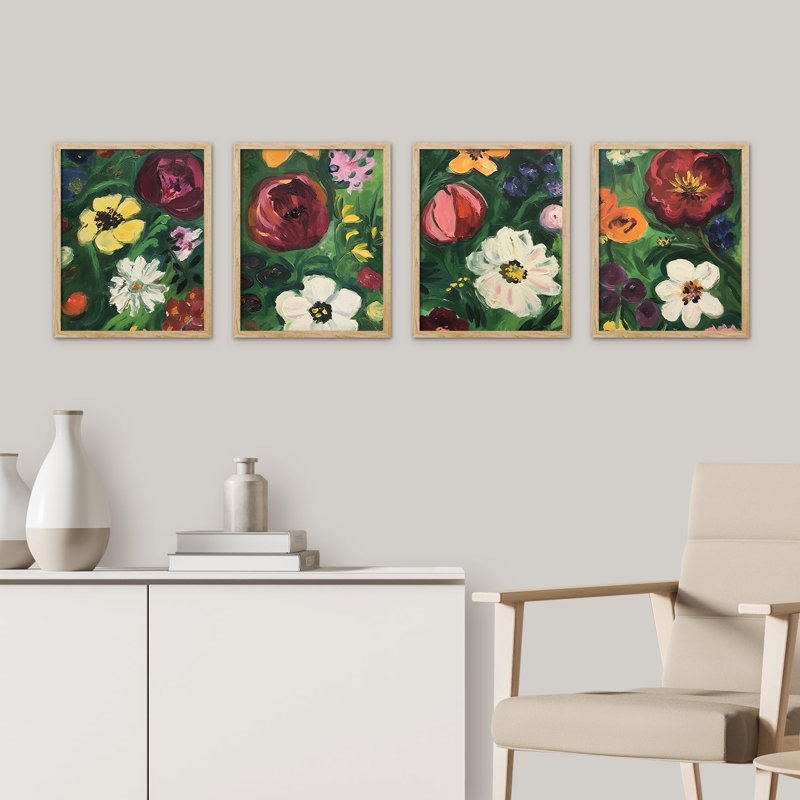 Expressive Floral Paintings Bold Garden Blooms Vibrant Nature Inspired, impression encadrée sur papier, 4 pièces, Blanc