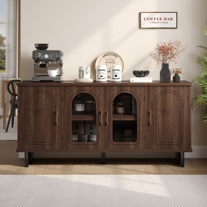 Meuble télé 59 po avec portes en verre arquées, console média pour téléviseurs de 65 po ou moins, armoire de rangement pour le salon et le vestibule