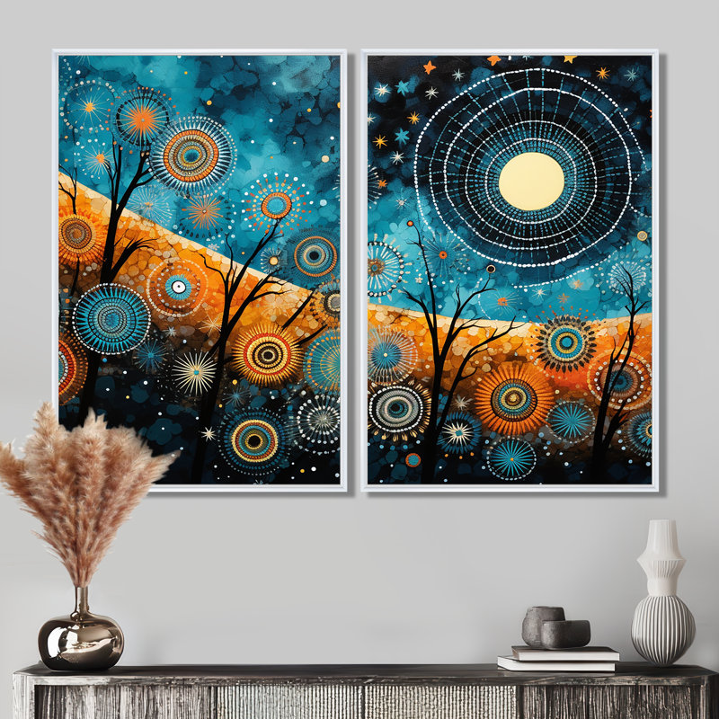 Tribal Boho mosaïque lune - art mural bleu sur toile, 36" H x 48" W, Impression encadrée flottante, White