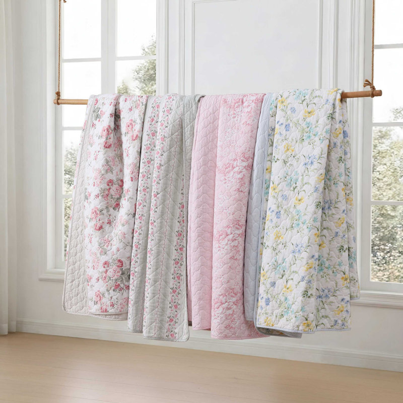 Laura Ashley Rosebud Stripe Green Cotton Reversible Quilt Set, Queen Quilt + 2 Standard Shams