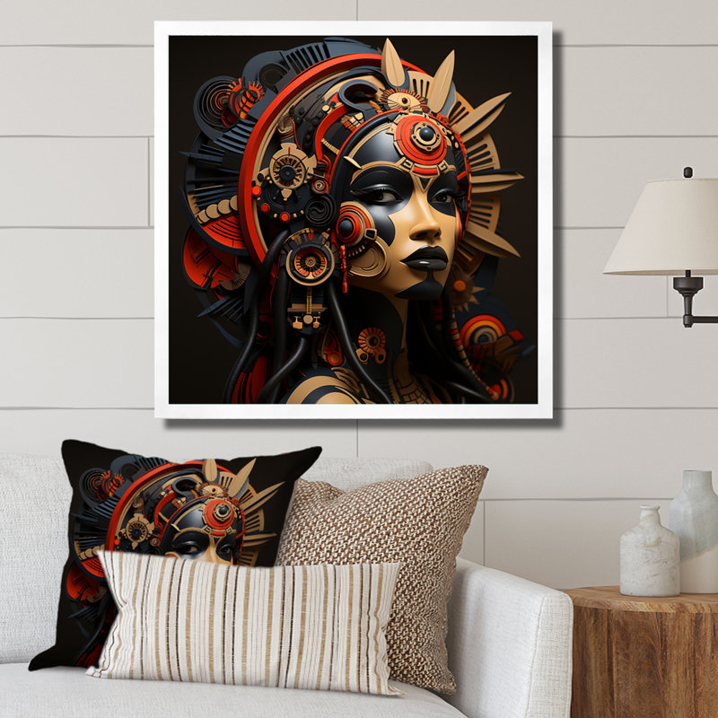 Masque africain doré et rouge - Art mural africain, H 36 po x l 36 po x P 1,5 po, Cadre flottant noir