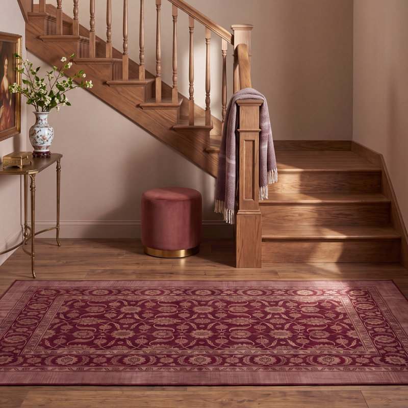 Tapis Olive2 traditionnel surteint uni bordeaux, cuivre, vert, crème et rose, lavable à la machine, antidérapant, à poils courts, pour l'intérieur et l'extérieur, adapté aux animaux domestiques, idéal pour le salon, la chambre, la salle à manger, l'entrée, le couloir ou le bureau.