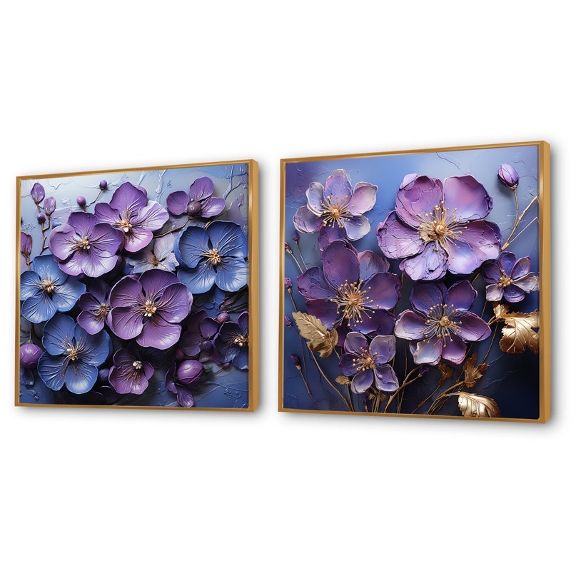 Royal Elegance - Ensemble de 2 collages carrés violets, Encadrement doré, H 30 po x l 61 po