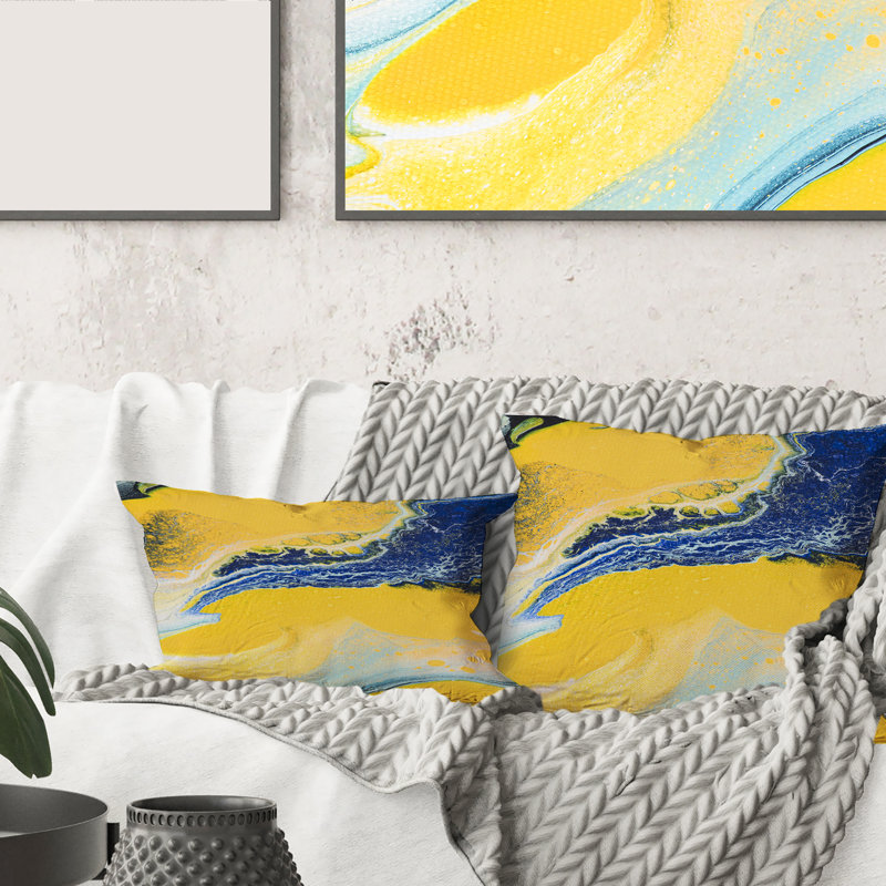 Composition abstraite en jaune et bleu VII - coussin moderne imprimé, 18" x 18"