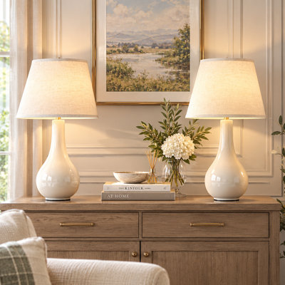 Ensemble de 2 lampes de table en céramique jaune craquelée de 45,7 cm (18 po), lampes de chevet à brancher de style campagnard avec abat-jour en lin naturel pour chambre à coucher, salon ou entrée.