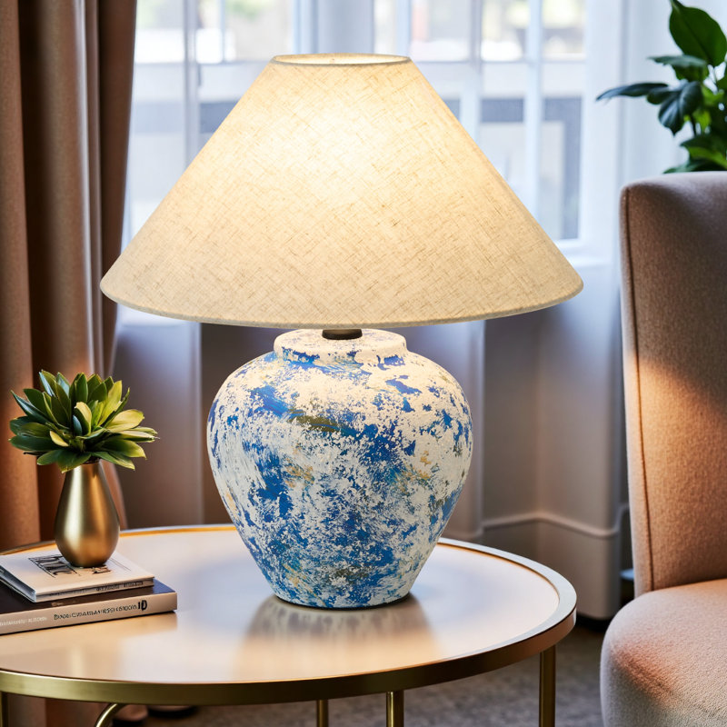 Handmade Starry Sky Ceramic Table Lamp – Blue & White Linen Shade For Living Room , Bedroom & Bedside