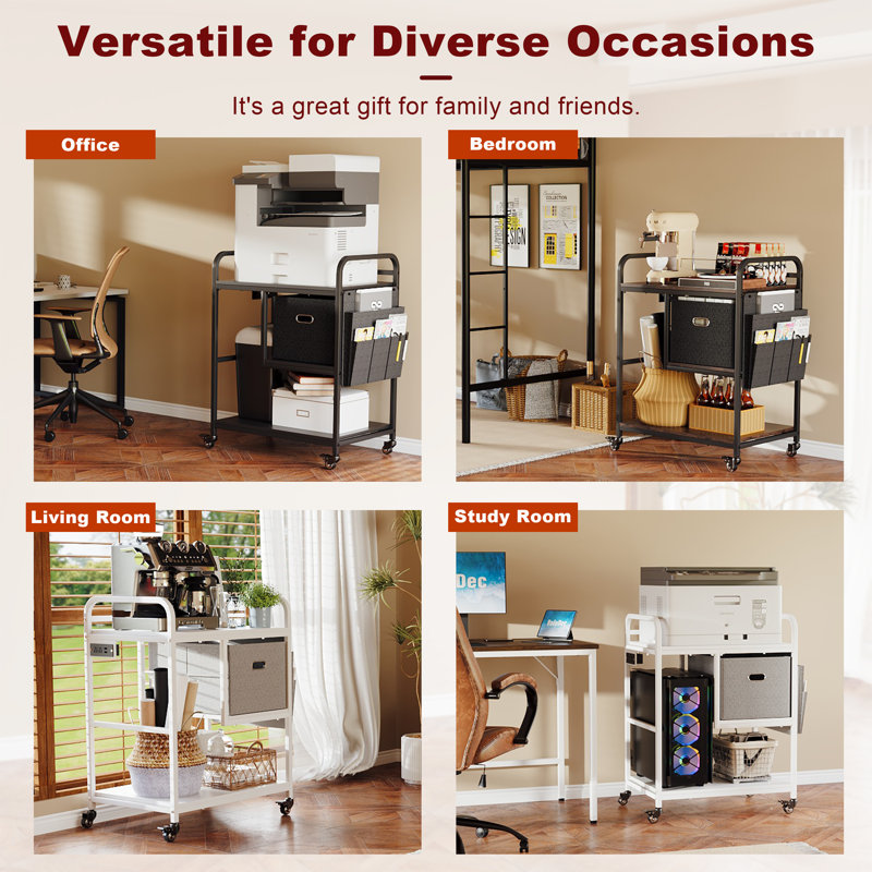 3 Tier Heavy Duty Printer Stand with Storage, Computer Tower Stand with Industrial Wheels & Drawer, Large Mobile Printer Table for Home Office Organization (Brown)