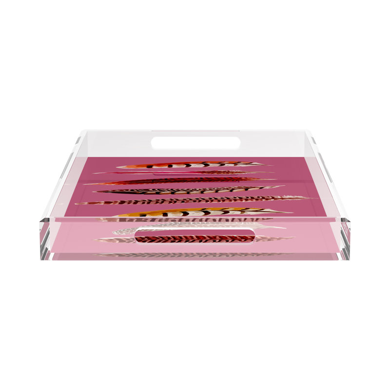 Pheasant Feathers Acrylic Rectangle Decorative Tray, 22.5"W x 14.5"D x 2"H, Mauve
