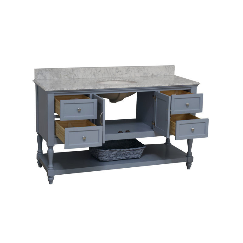 Ensemble de meuble-lavabo simple de 60 po Hampton, Bleu poudre, Marbre de Carrare