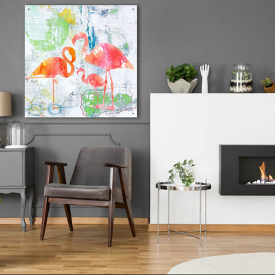 «Tropical Flameos B» par Jean Plout, art mural en verre acrylique, 36 po x 36 po