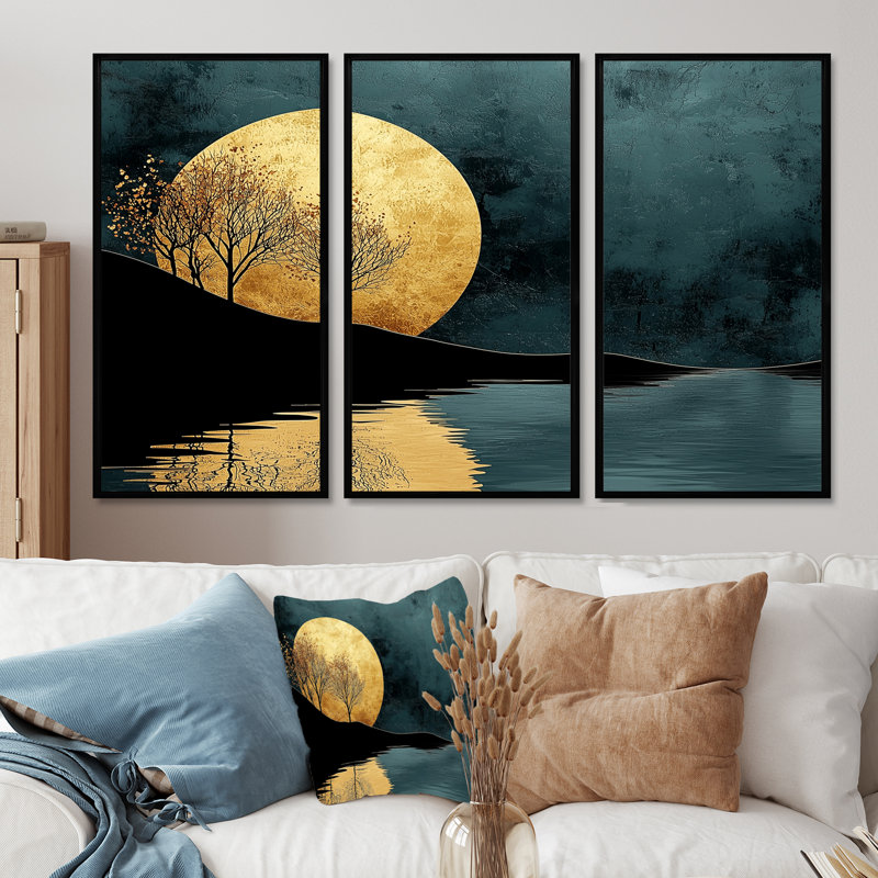 «Quiet Bold River» en émeraude harmonie dorée I - Forest River Mountains, art mural - ensemble de 3, H 40 po x l 60 po, Noir