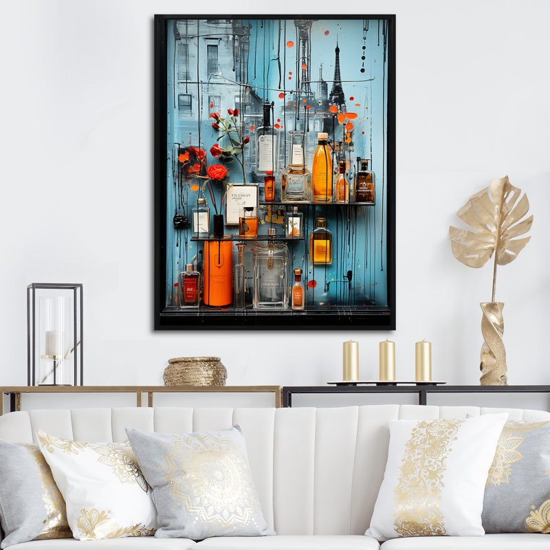 «Blue Fragrant Bottles Of Perfumes 2», art mural parfums, Cadre flottant noir, H 40 po x l 30 po x P 1,5 po