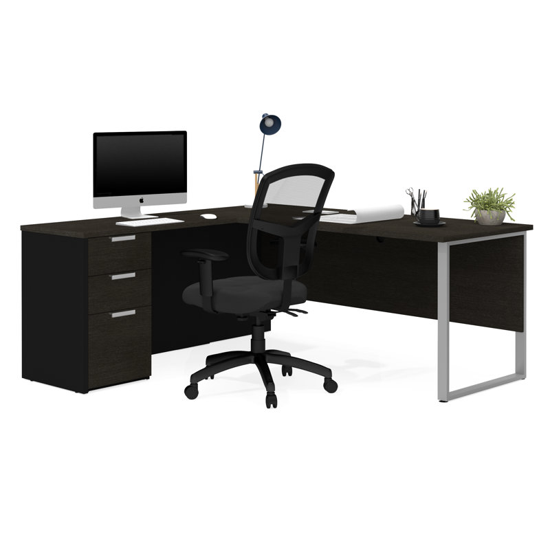 Bureau de direction en forme de L réversible avec tiroirs Kadian, Gris foncé et noir