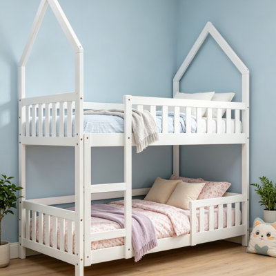 Castle House Twin Over Twin Solid Wood Bunk Bed with Built-In Side Ladder, Kids Full Guardrail Bunk Bed No Mattress