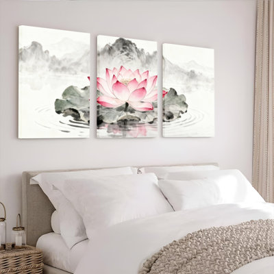 Fleur de lotus et encre, art mural, impression sur toile, ensemble de 3