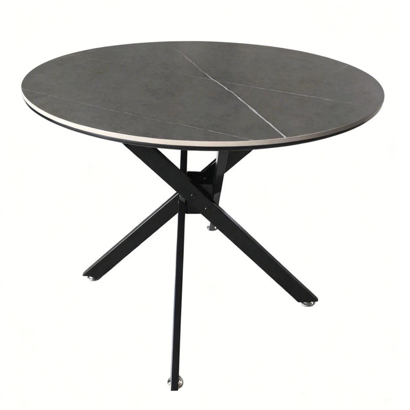35.5“ Round Sintered Stone Dining Table With Metal X-Base – Modern Kitchen & Small Space Round Dining Table, Gray