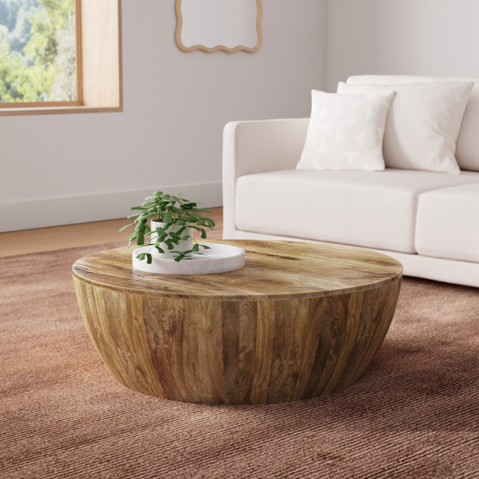 Solid Mango Wood Drum Coffee Table , Natural