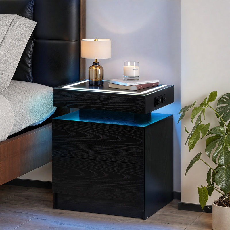 18.9" W Led Nightstand With Charging Station ,two Drawers, Wireless Charging, Usb/type-c Ports & Rgb Lights, Black