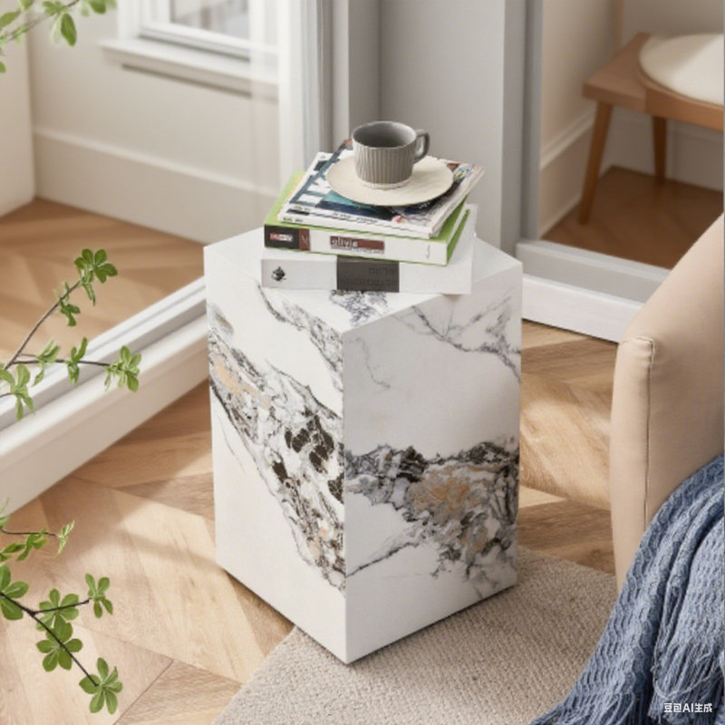  20" Modern Rectangular End Table & MDF Coffee Table with Marble Look, White, 19.69" H x 11.81" W x 11.81" D