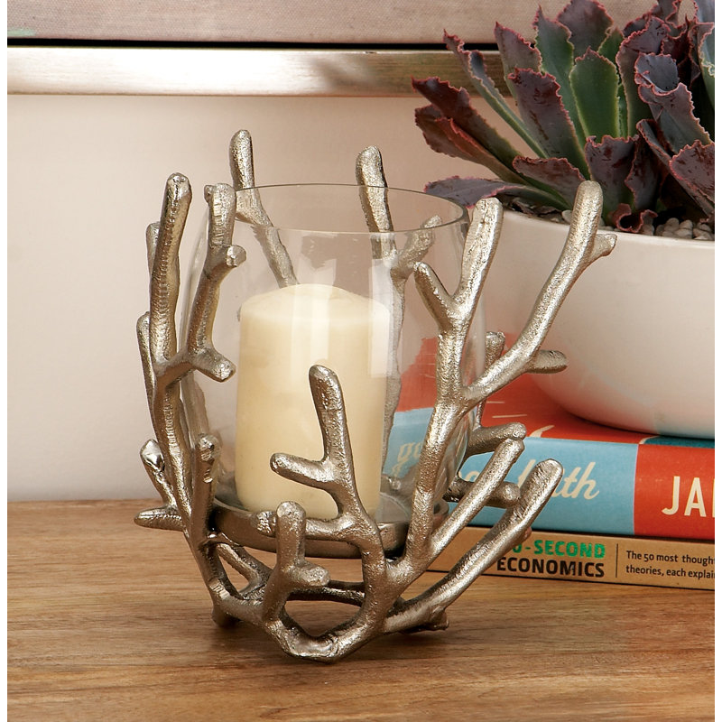 Lampe ouragan pilier en aluminium et métal avec motif corail, Argent