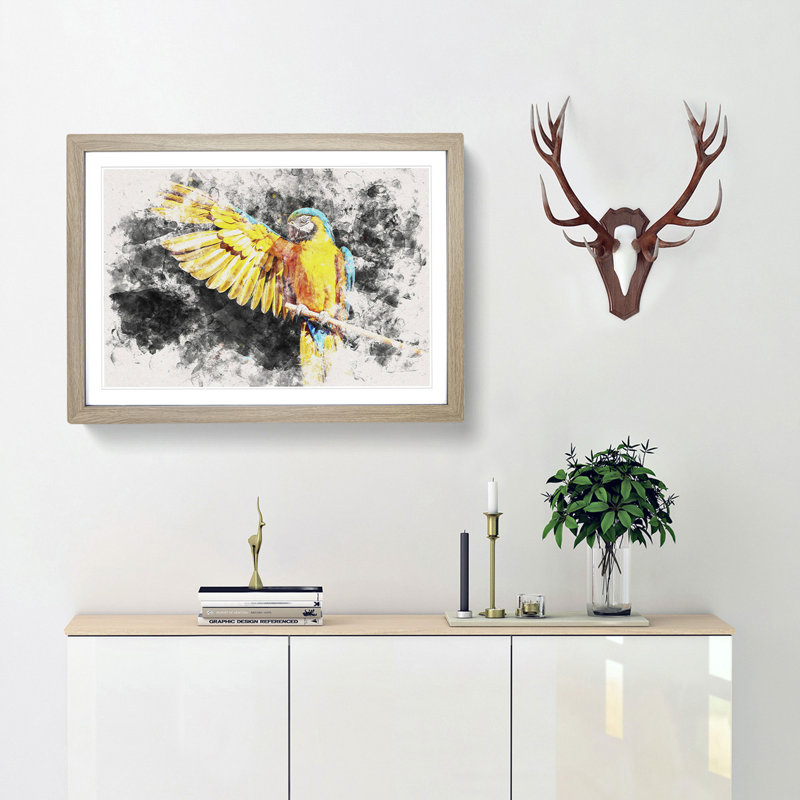 Yellow Macaw Parrot Watercolour - Framed Print, 33cm H x 45cm W x 2cm D, Oak