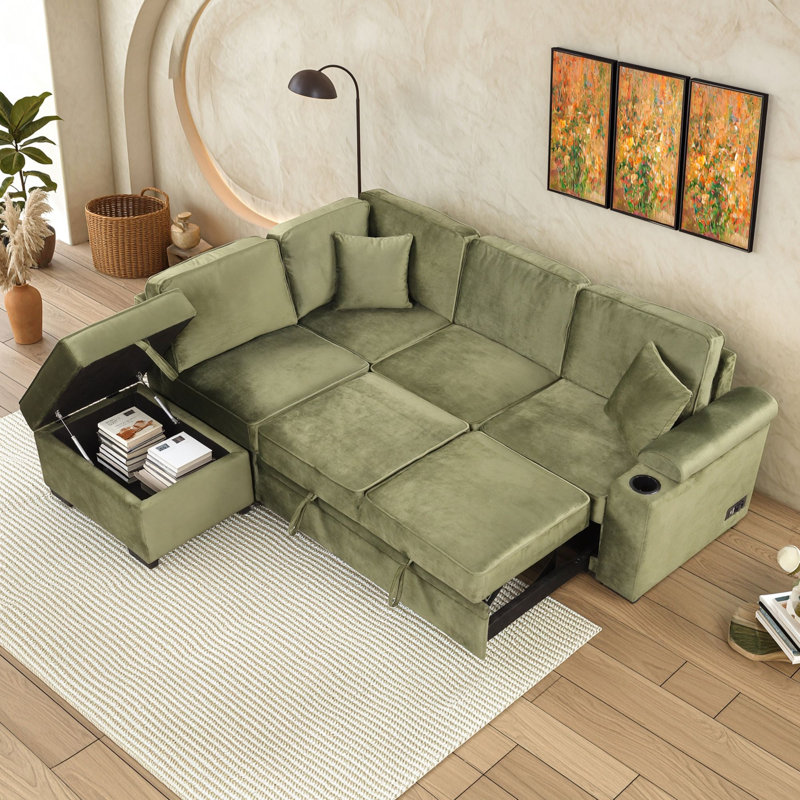 Canapé-lit gigogne 4 places en forme de L avec pouf de rangement, siège en mousse et ressorts ensachés pour salon, Vert