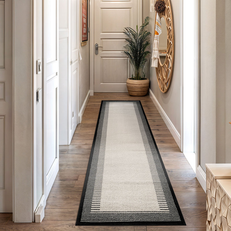 Tapis moderne à motif abstrait à bordure douce, Crème/noir, Tapis de couloir 2 pi 2 po x 12 pi